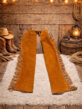 Vintage Double “A” Leather Co Leather Fringed Suede Chaps Sz Small Rio Sz 31-28”